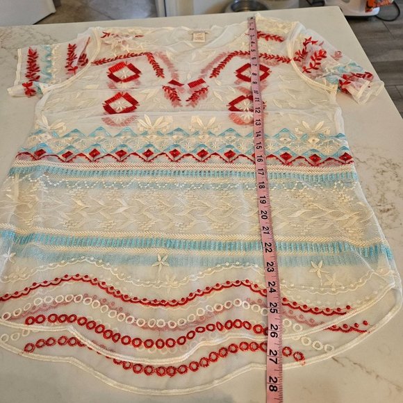 Sundance Size Large Sheer Boho Embroidered Red Turquoise Shear Short Sleeve Top - Picture 10 of 10